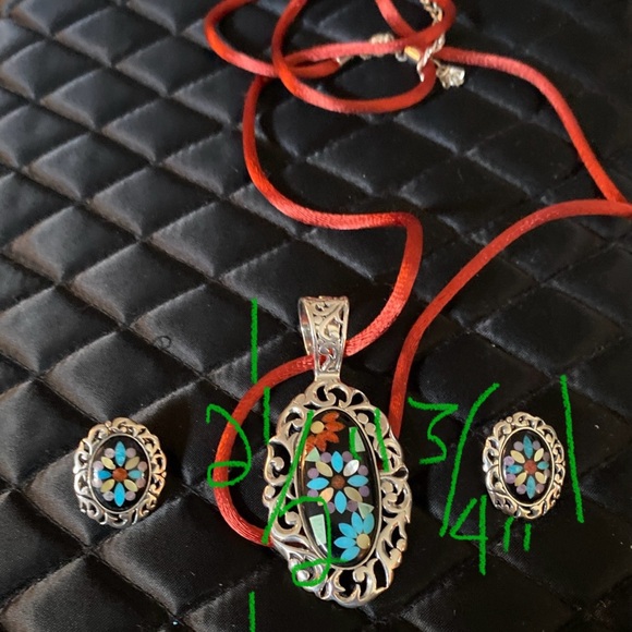 Vintage Carolyn Pollack Black Onyx Mosaic Inlay Necklace & Earring Set - Picture 2 of 9